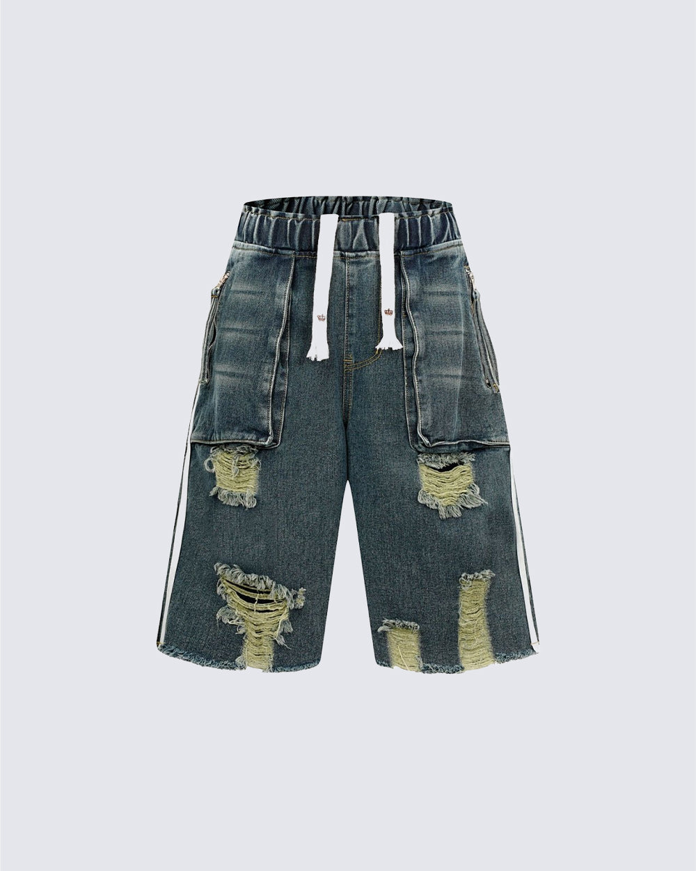 Grunge Drawstring Pocket Distressed Wide Denim Shorts