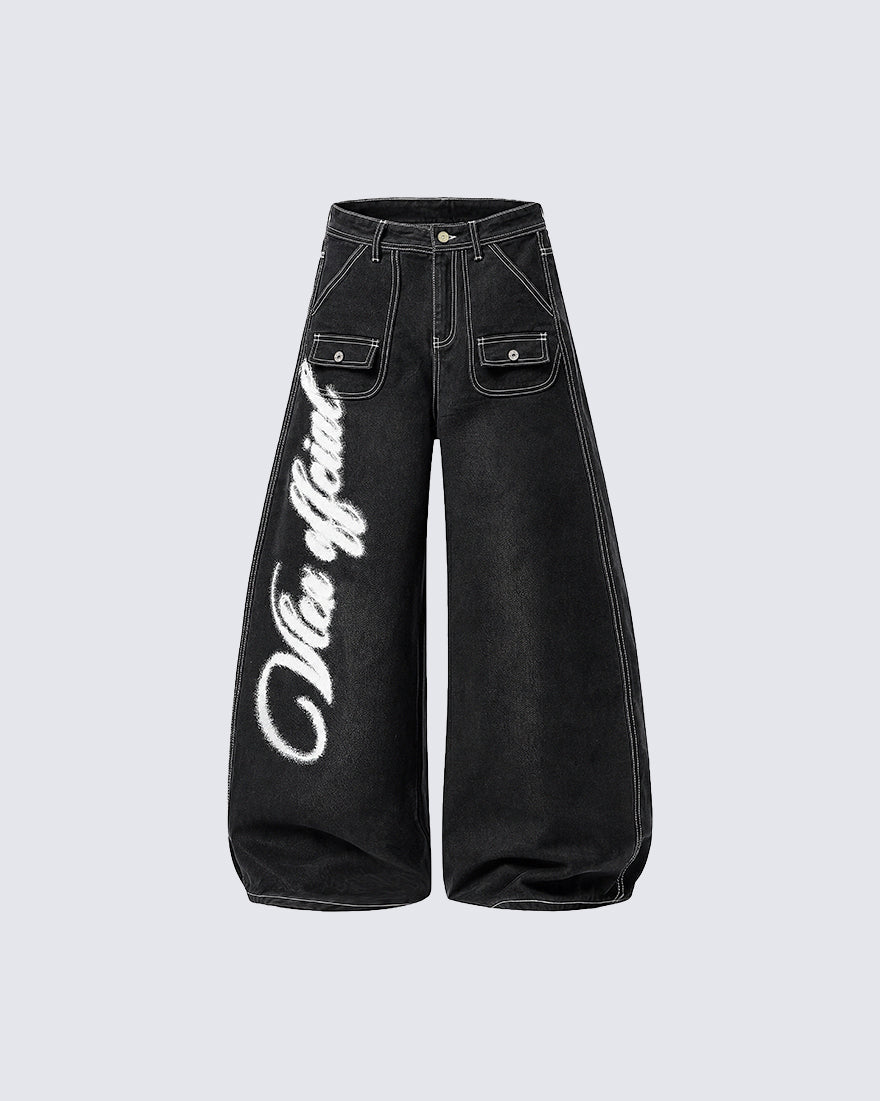 New Gothic Angel Wing Graffiti Wide Leg Jeans