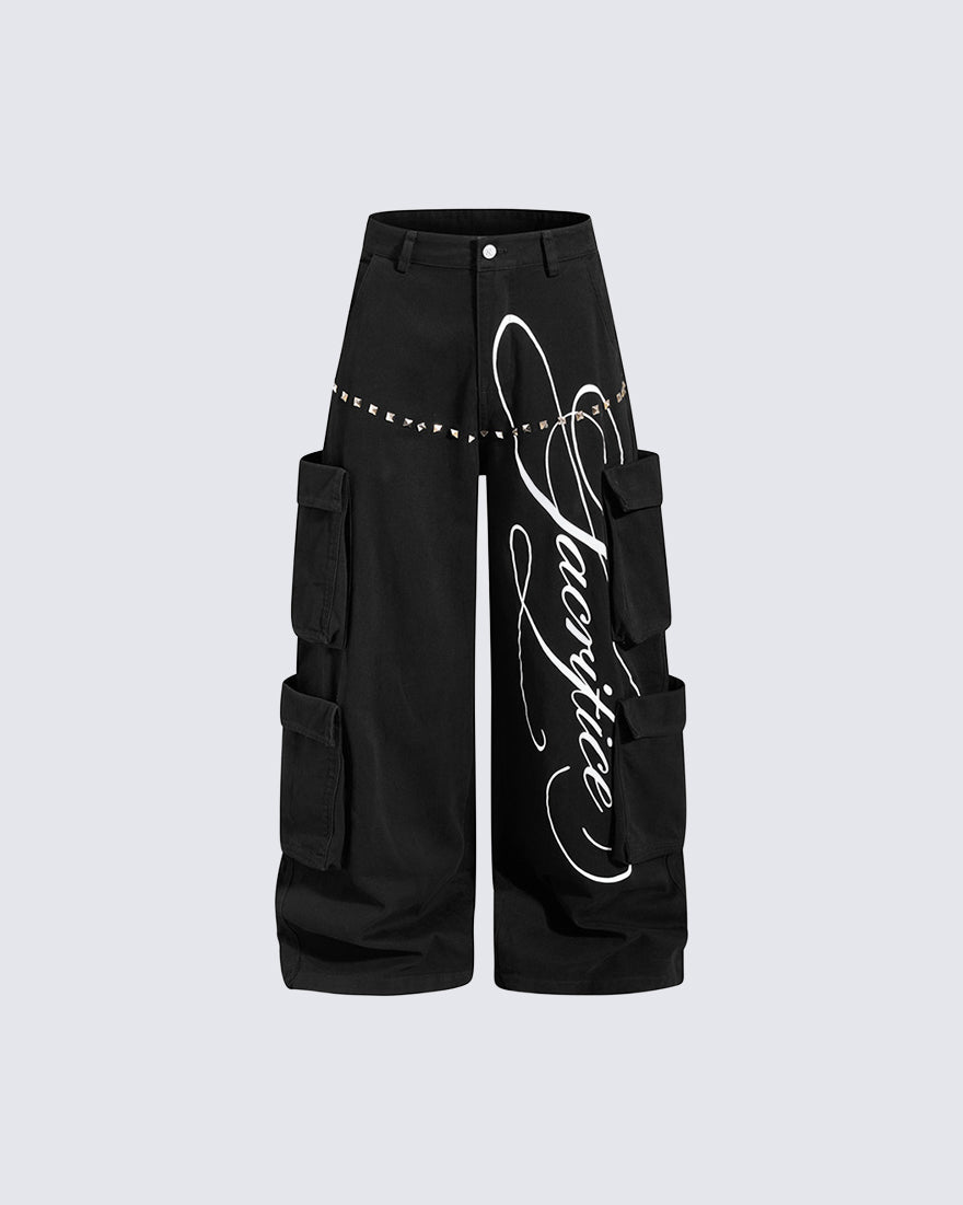 GRYFT Street Studded Graphic Multi-Pocket Wide-Leg Pants