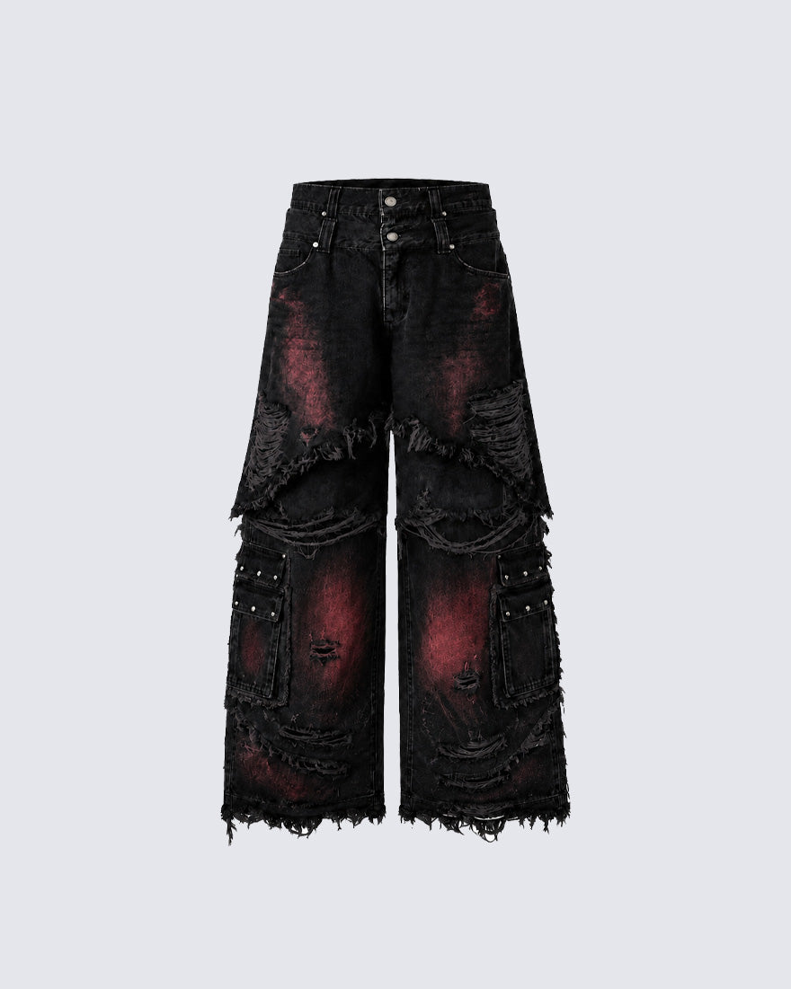 GRYFT Gradient Red Frayed Cargo Wide Leg Denim Pants