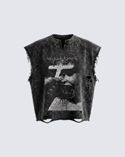 GRYFT Distressed Gothic Cross Graphic Vest