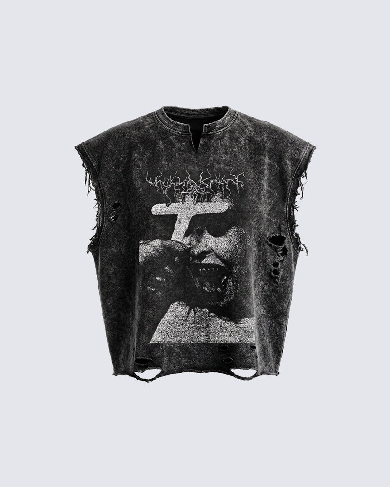 GRYFT Distressed Gothic Cross Graphic Vest