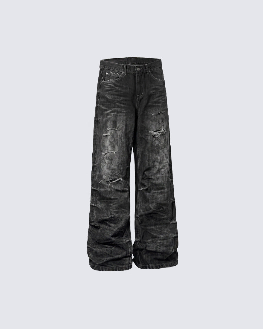 GRYFT Retro Dirty-Washed Distressed Wide-Leg Jeans