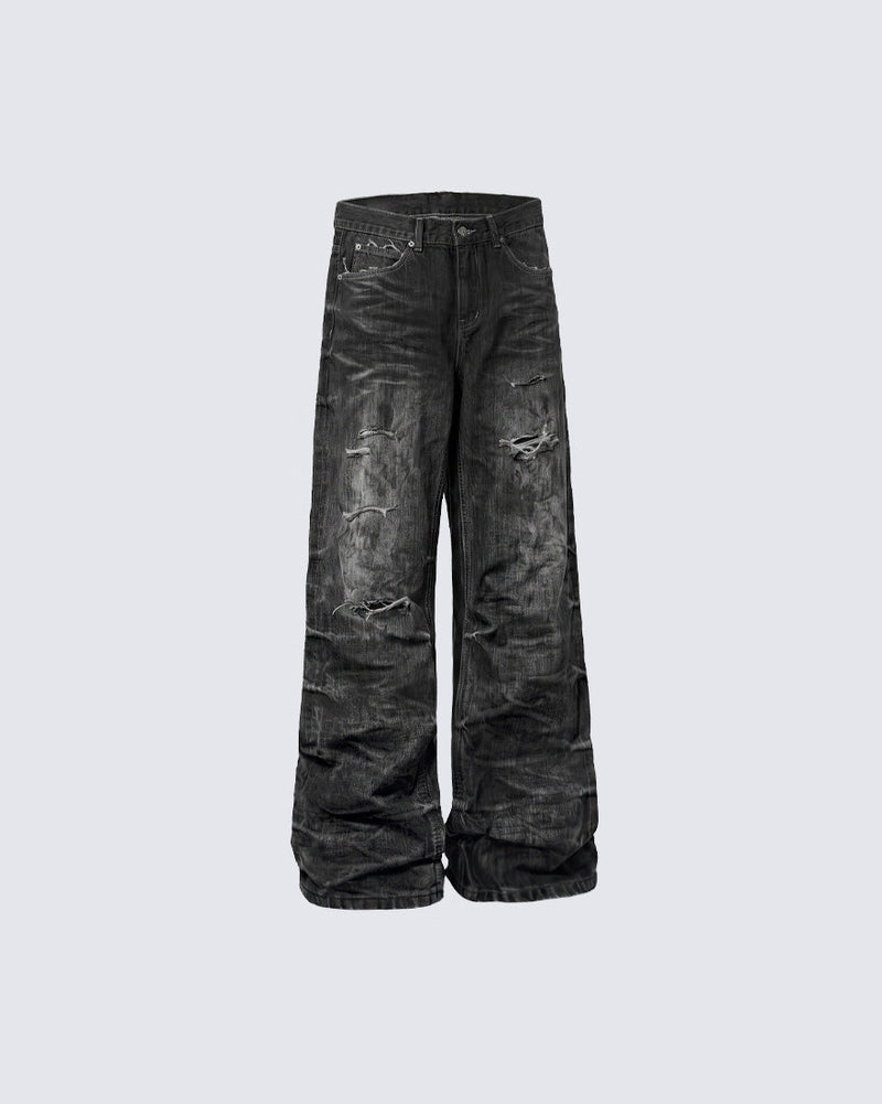 GRYFT Retro Dirty-Washed Distressed Wide-Leg Jeans