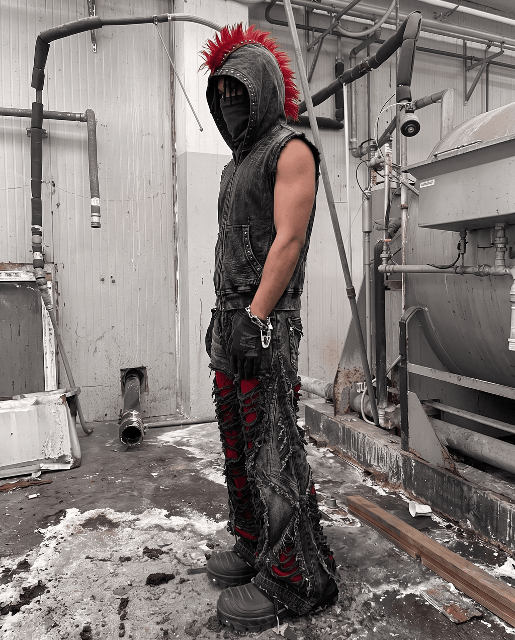 GRYFT RED RUST Series | Distressed Denim Hooded Vest