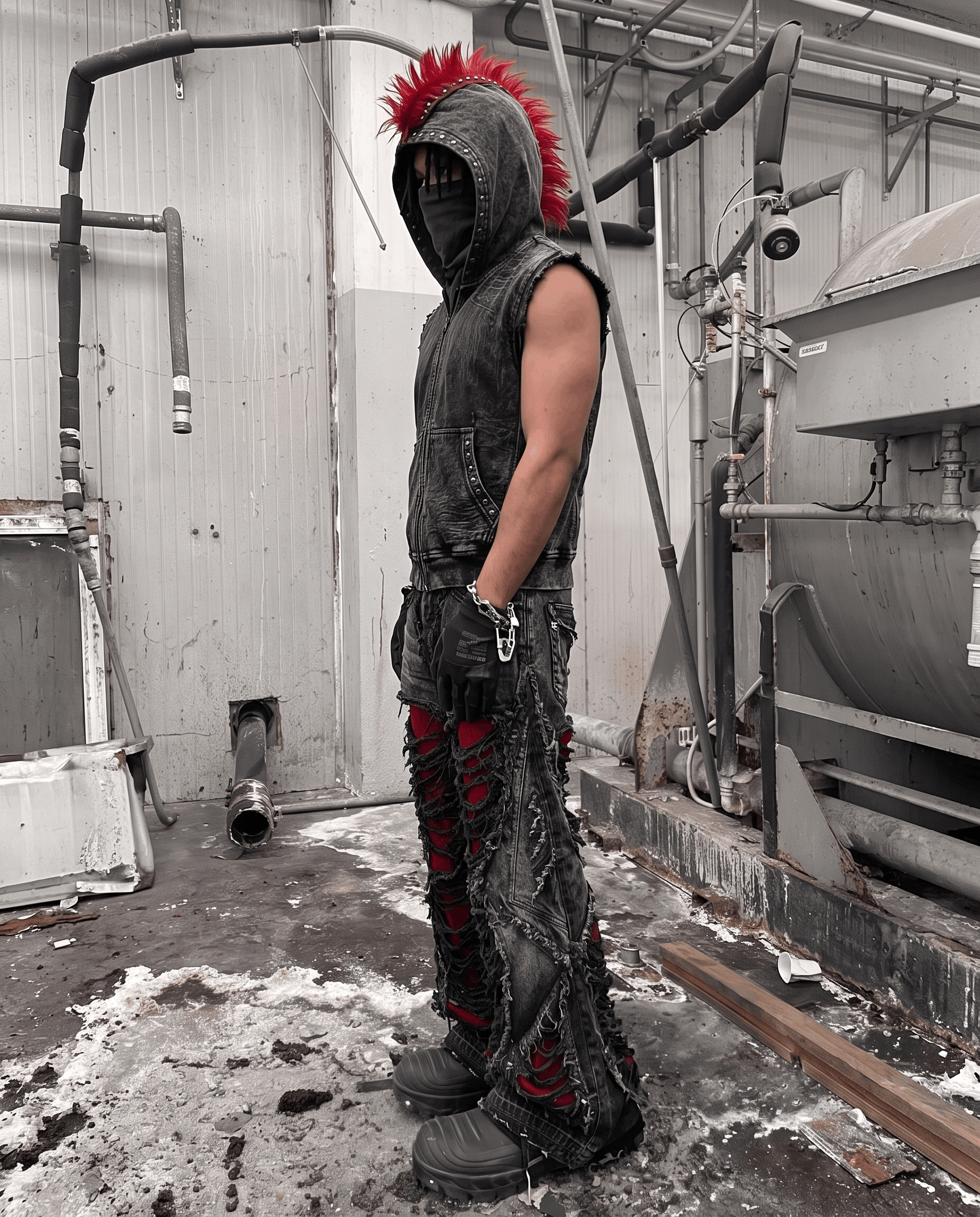 GRYFT RED RUST Series | Distressed Denim Hooded Vest