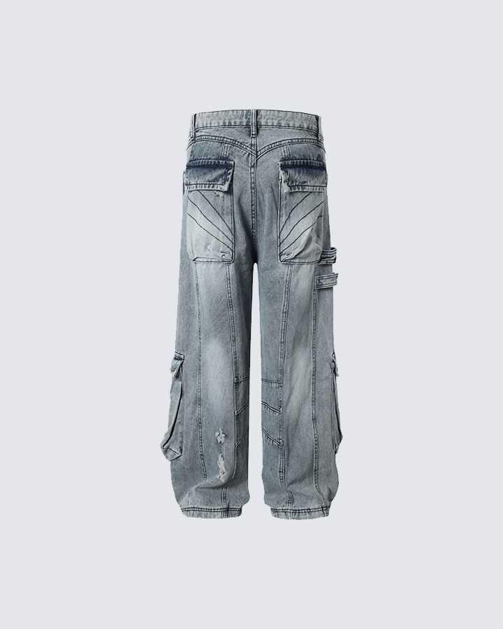 Distressed Denim Cargo Pants - Bold and Trendy