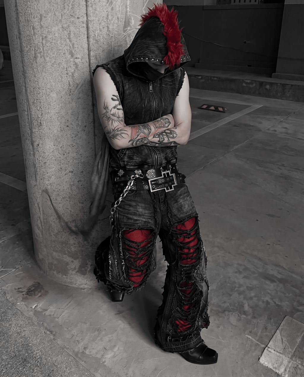 GRYFT RED RUST Series | Distressed Denim Hooded Vest