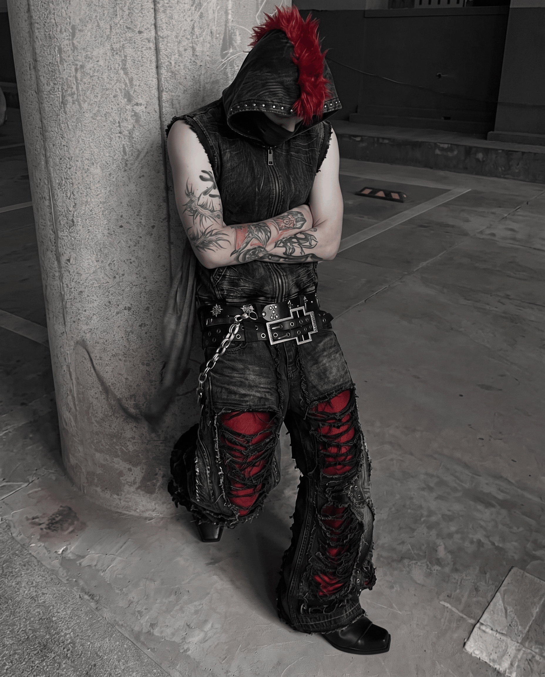 GRYFT RED RUST Series | Distressed Denim Hooded Vest