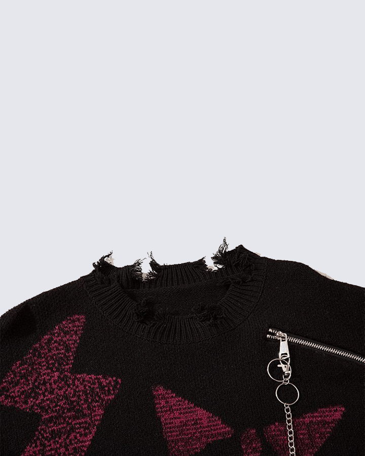 Punk Star Chain Distressed Knit Sweater