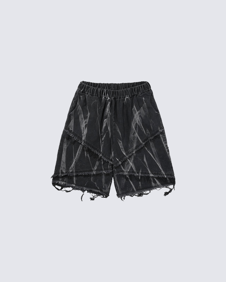 Distressed Black Denim Shorts with Abstract Print