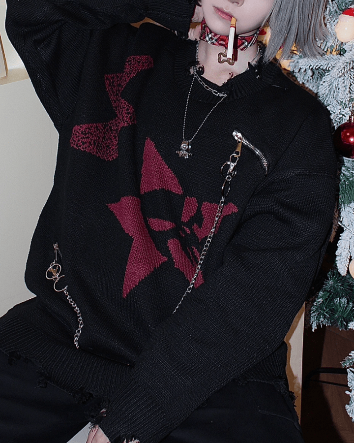 Punk Star Chain Distressed Knit Sweater