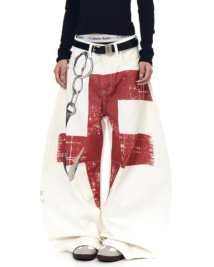 American Vintage Red Cross Chain Balloon Jeans New