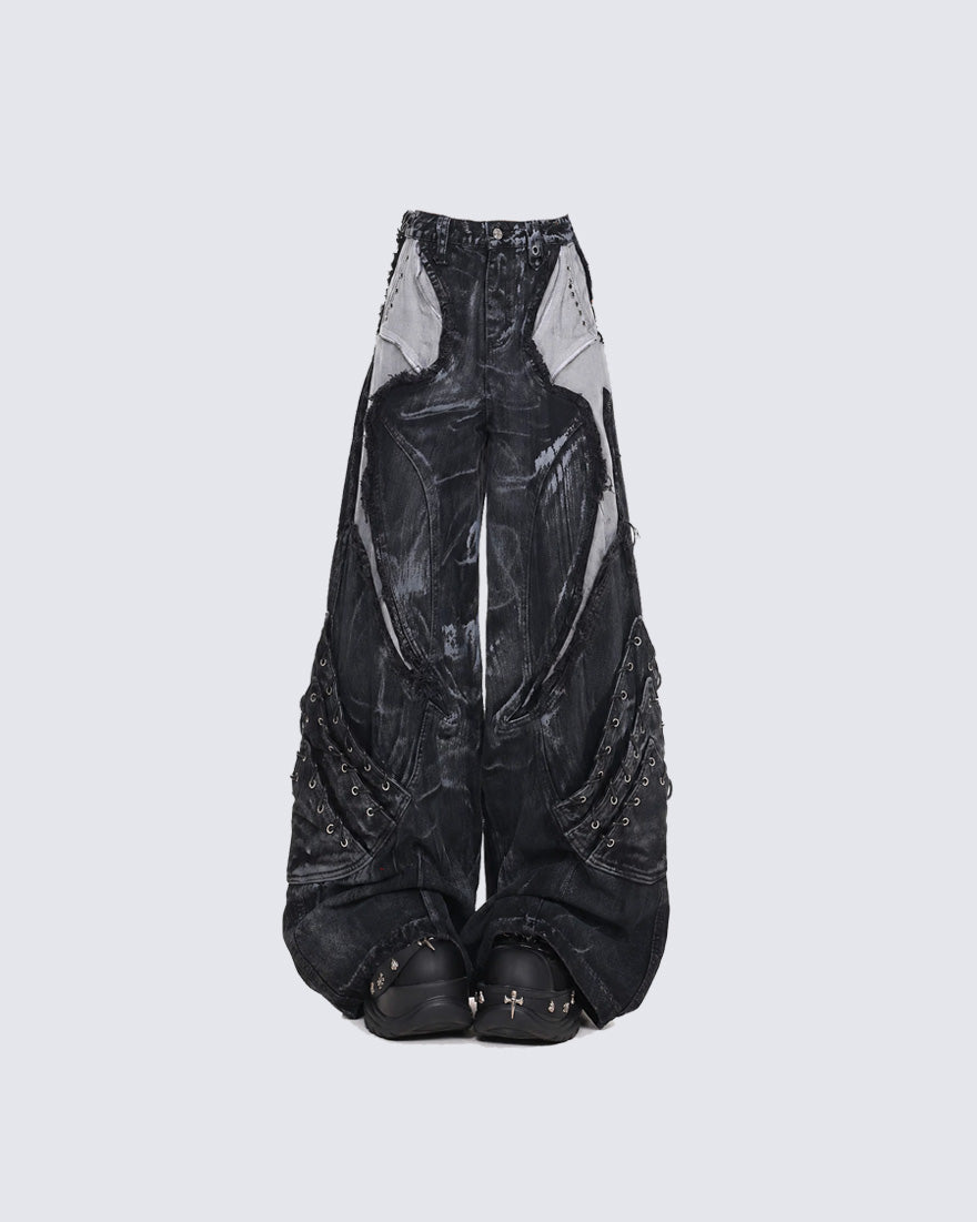 Vintage Washed Patchwork Lace-Up Wide Jeans