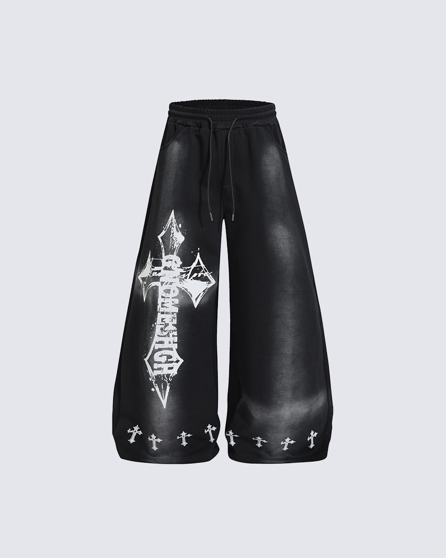 GRYFT Gothic Washed Cross Graphic Wide-Leg Pants
