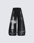 GRYFT Gothic Washed Cross Graphic Wide-Leg Pants