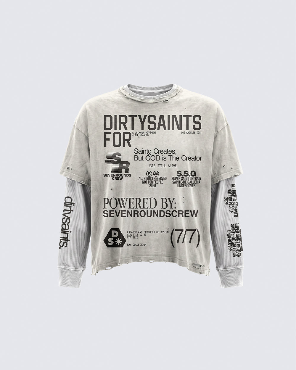 GRYFT Grunge Distressed Typography Layered Long-Sleeve T-Shirt