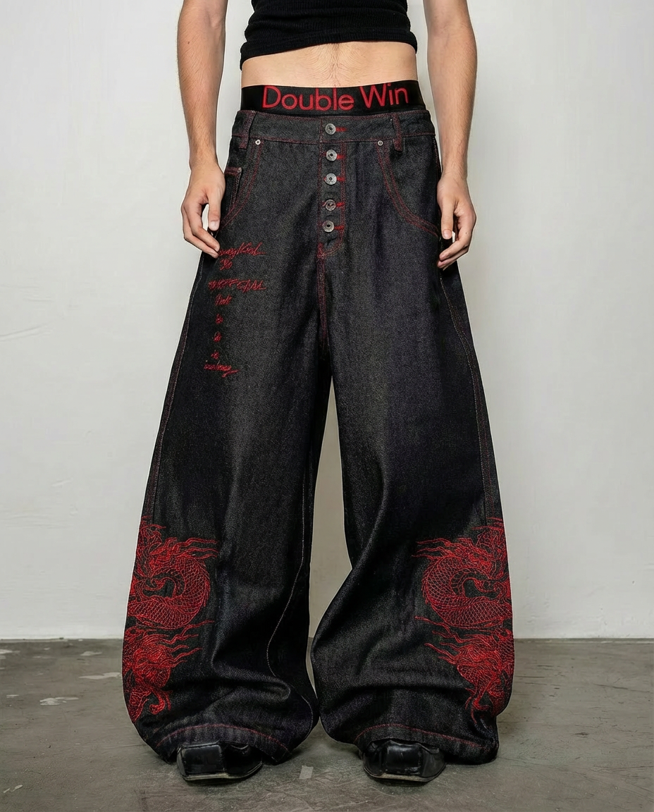 Red Dragon Embroidered Denim Pants