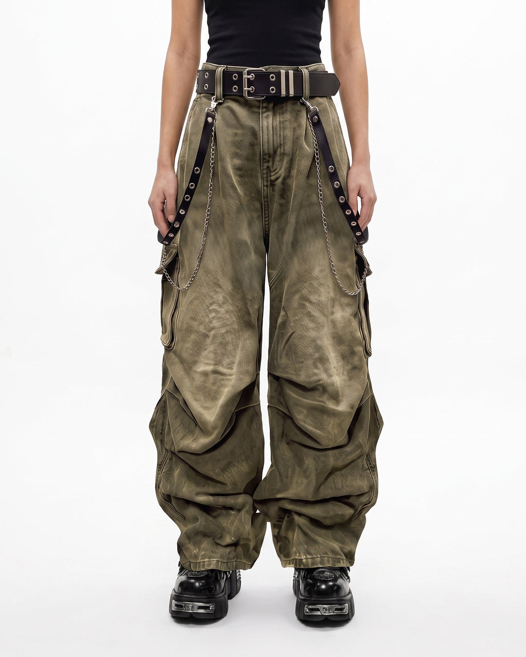 Washed Pocket Cargo Pants（Free Belt and Chain Included）