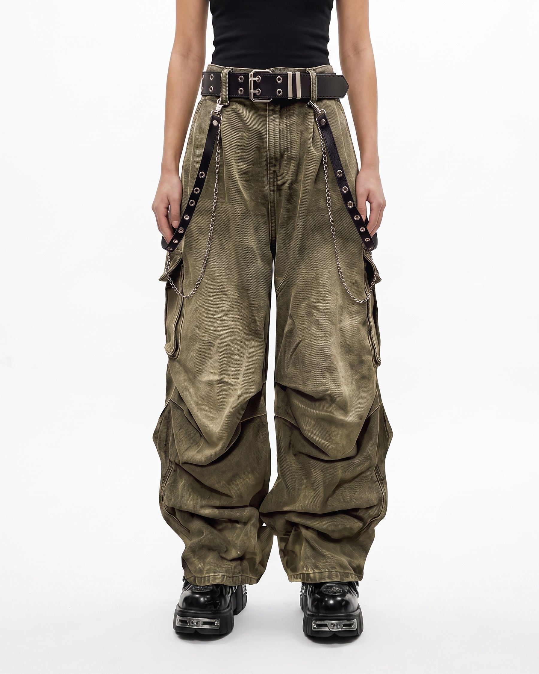 Washed Pocket Cargo Pants（Free Belt and Chain Included）