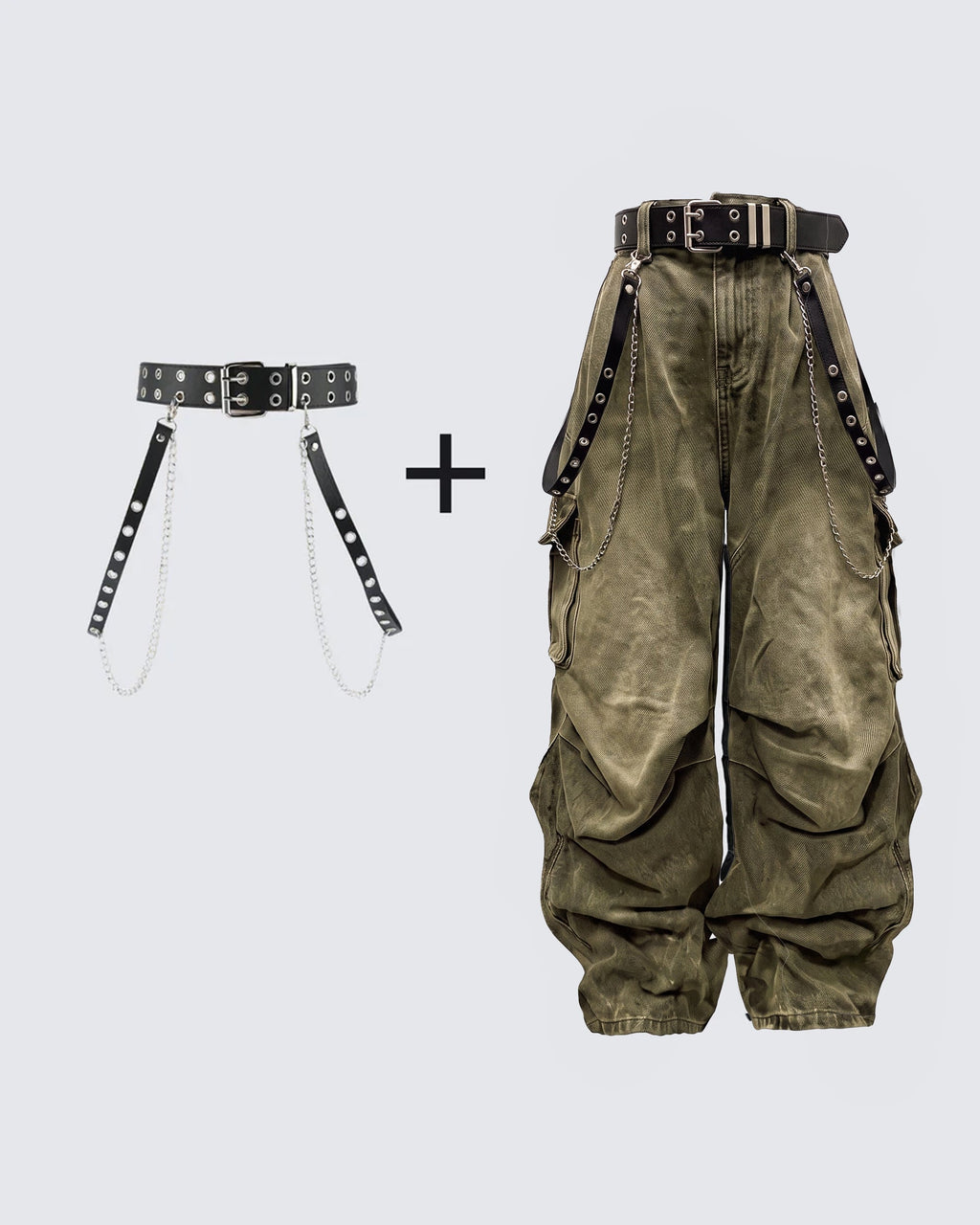 Washed Pocket Cargo Pants（Free Belt and Chain Included）
