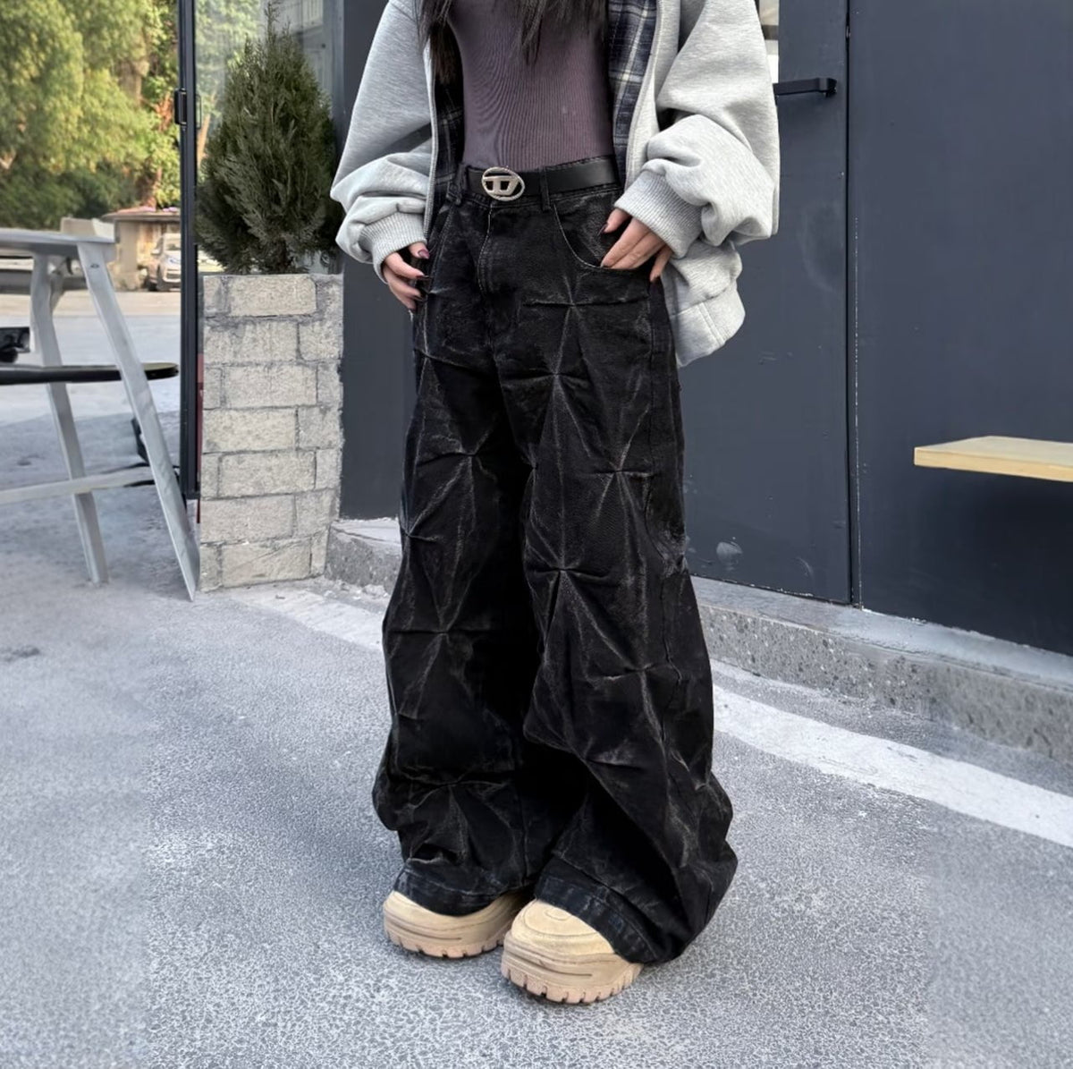 Crinkled Denim Cargo Pants