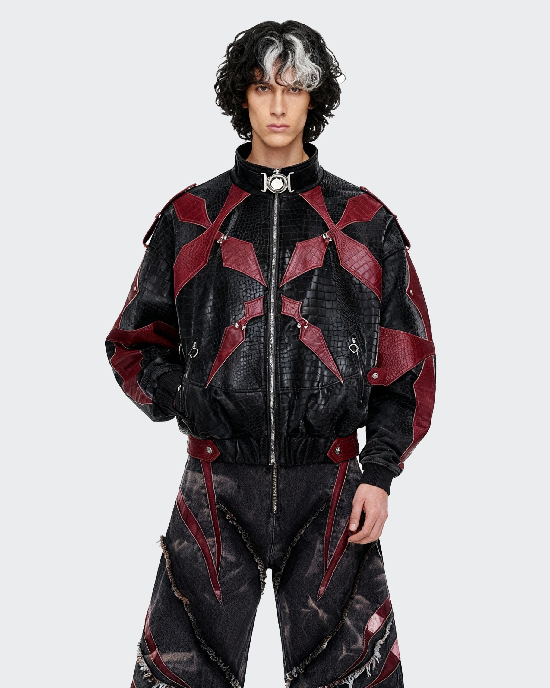 Black and Red Crocodile-Patterned Leather Patchwork Jacket