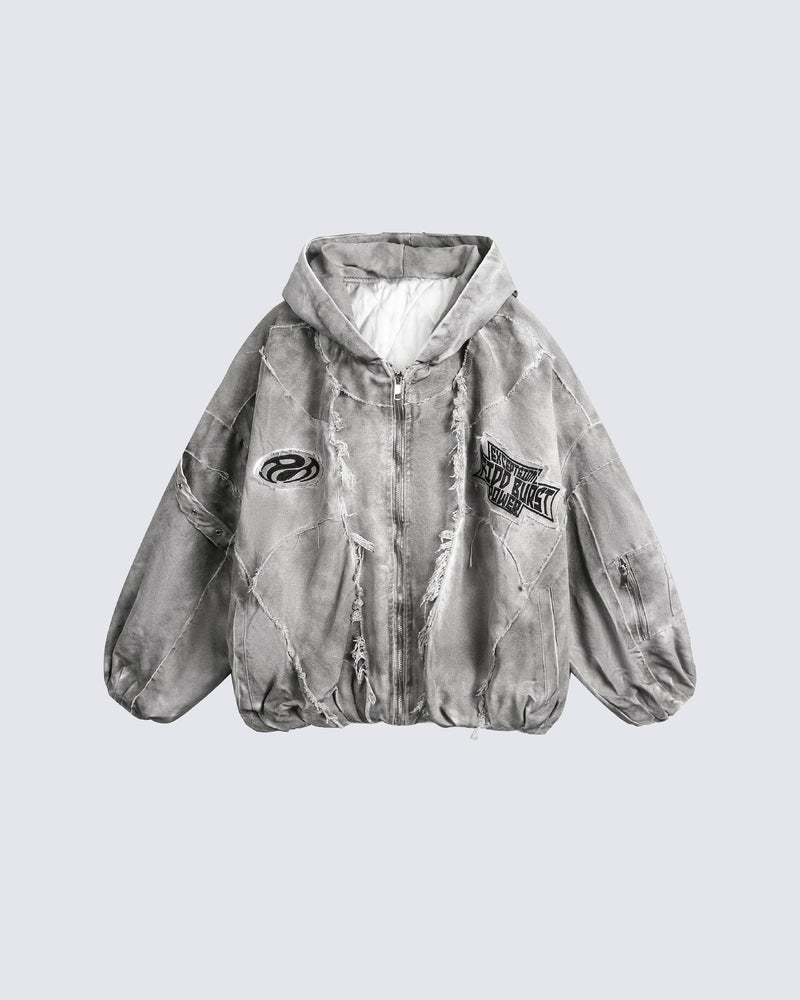Distressed Embroidered Padded Hooded Jacket