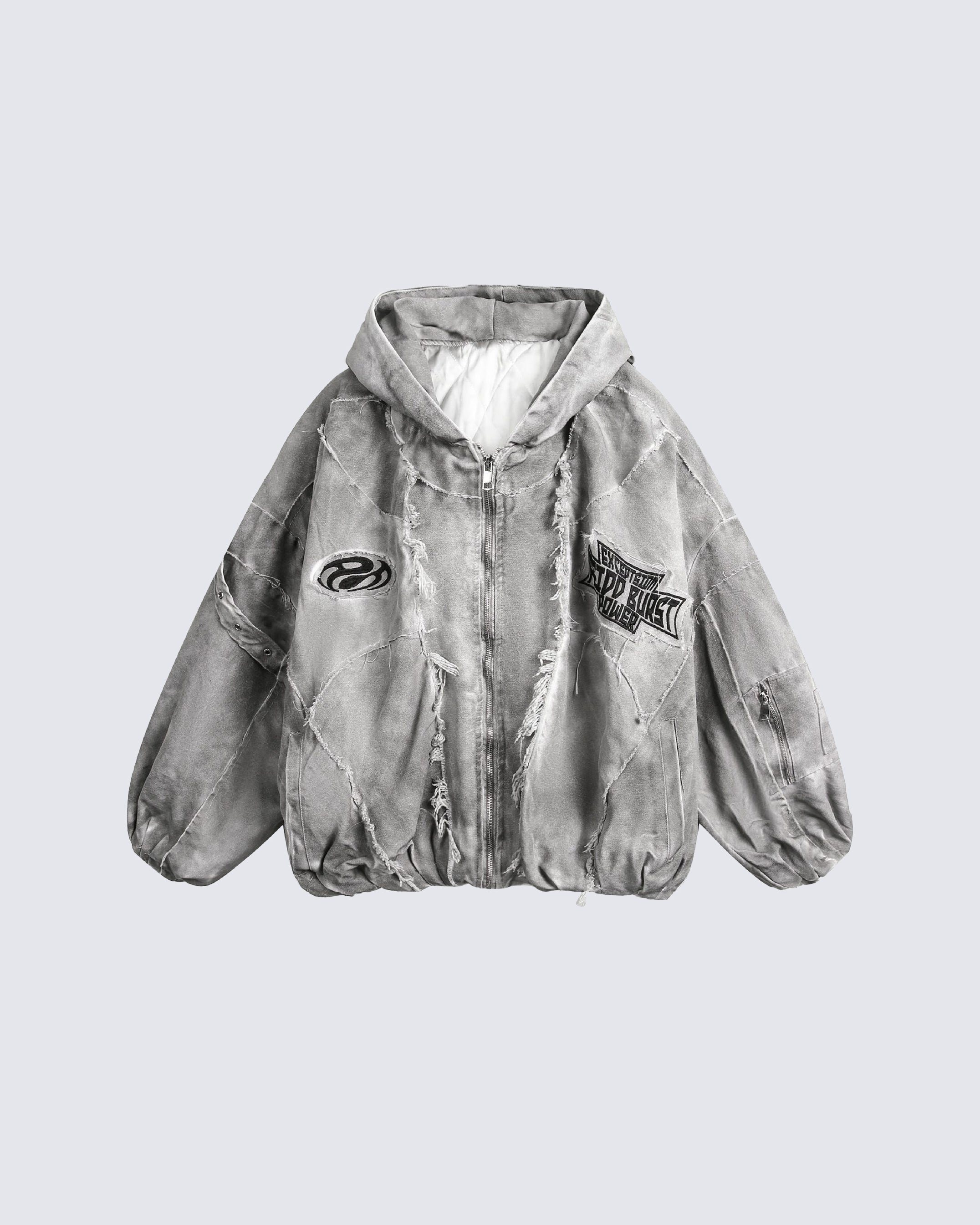 Distressed Embroidered Padded Hooded Jacket