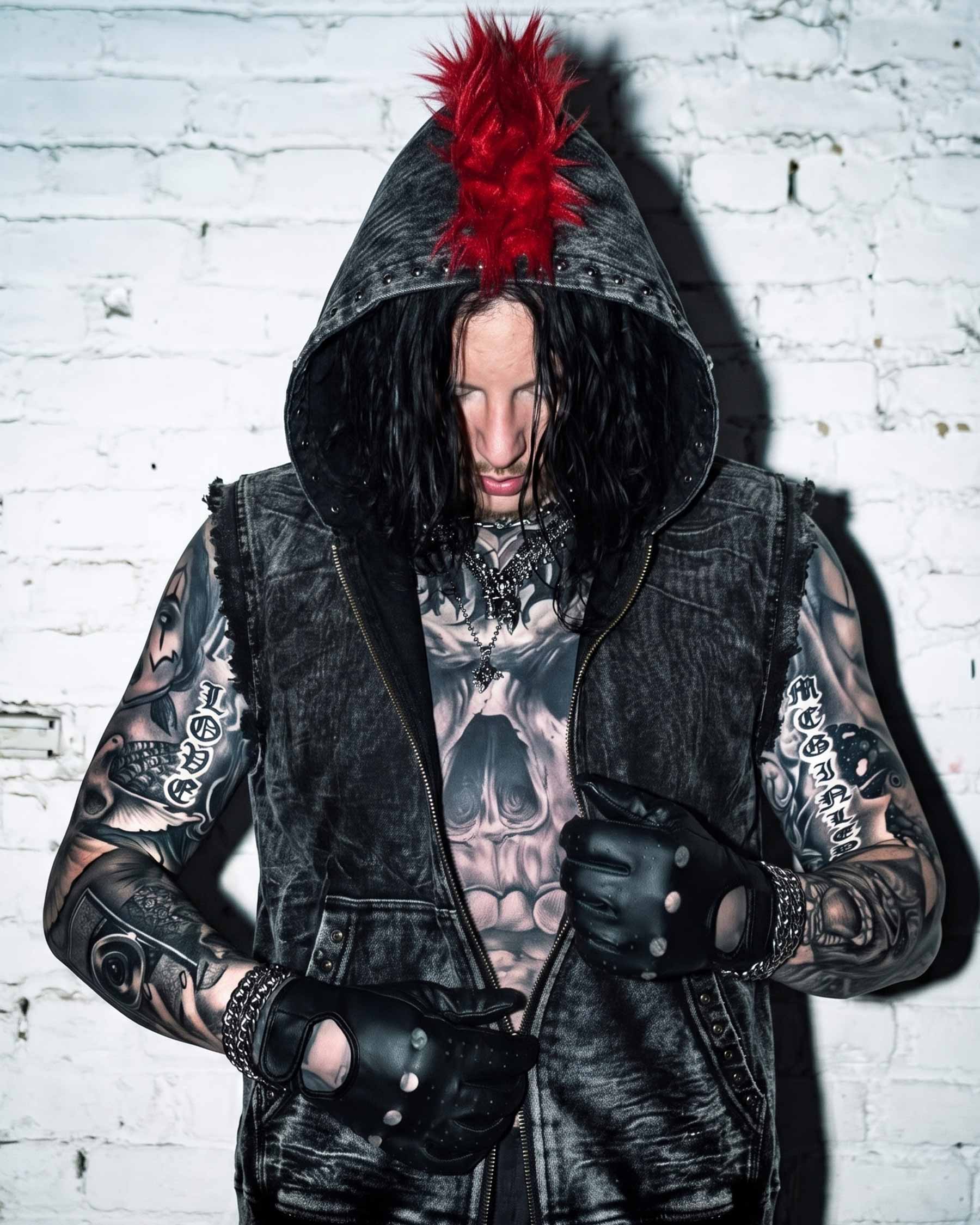 GRYFT RED RUST Series | Distressed Denim Hooded Vest