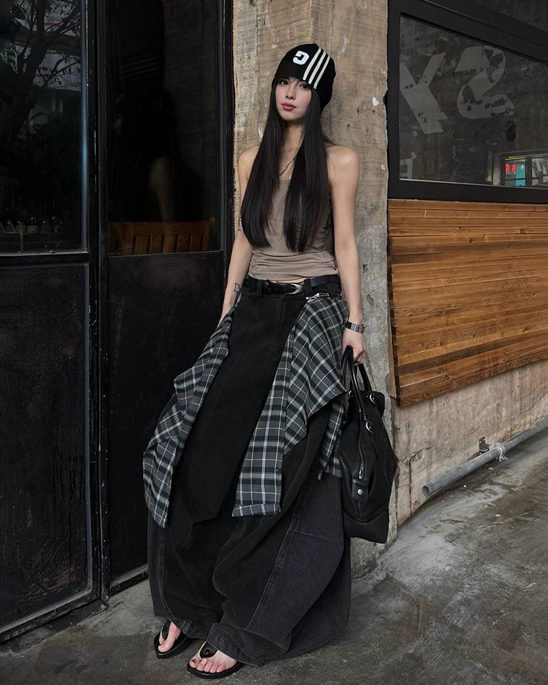 Detachable Plaid Layer Wide-Leg Pants