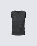 Dark Washed Distressed Sleeveless Ribbed Tank Top
