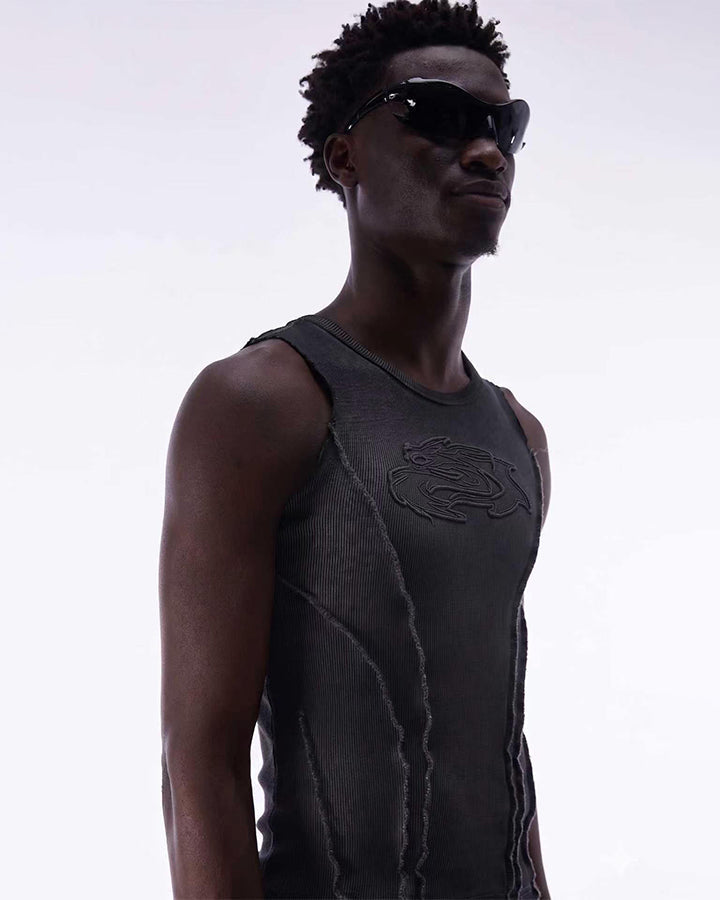 Dark Washed Distressed Sleeveless Ribbed Tank Top