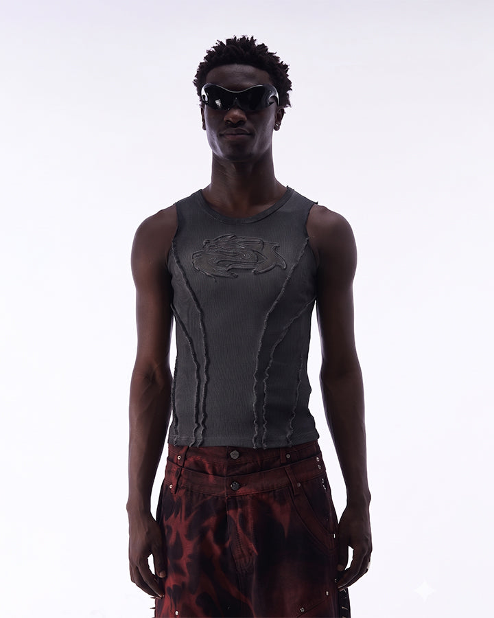 Dark Washed Distressed Sleeveless Ribbed Tank Top