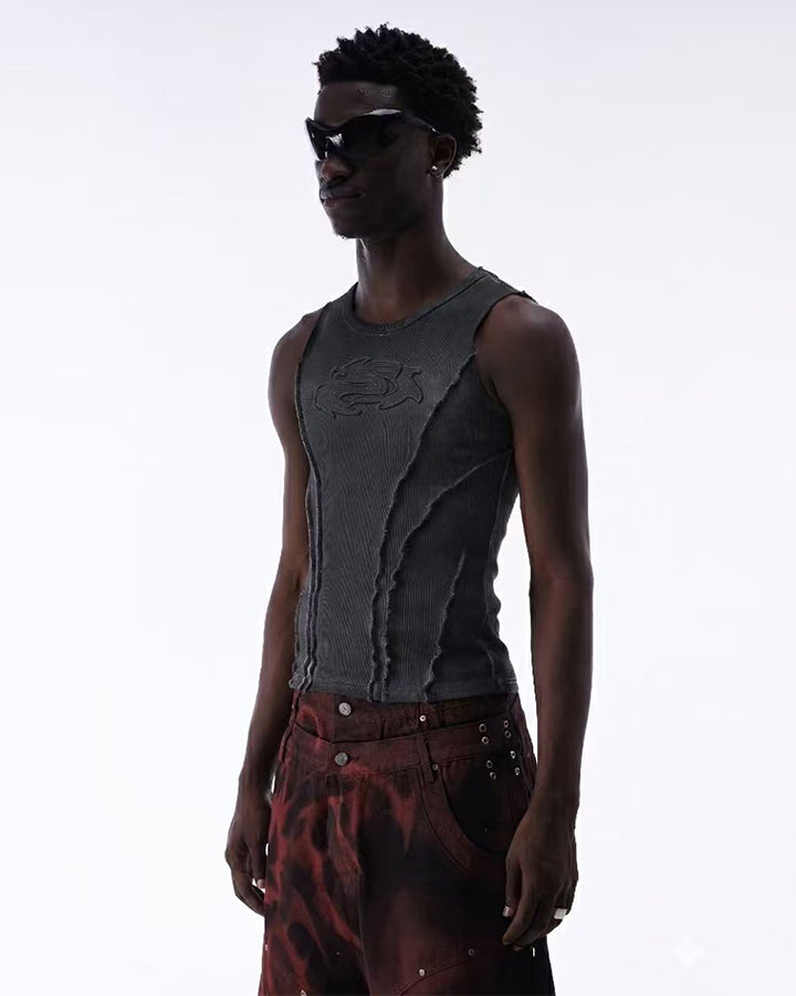 Dark Washed Distressed Sleeveless Ribbed Tank Top