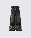 Double-Waist Camo Patchwork Distressed Wide-Leg Pants