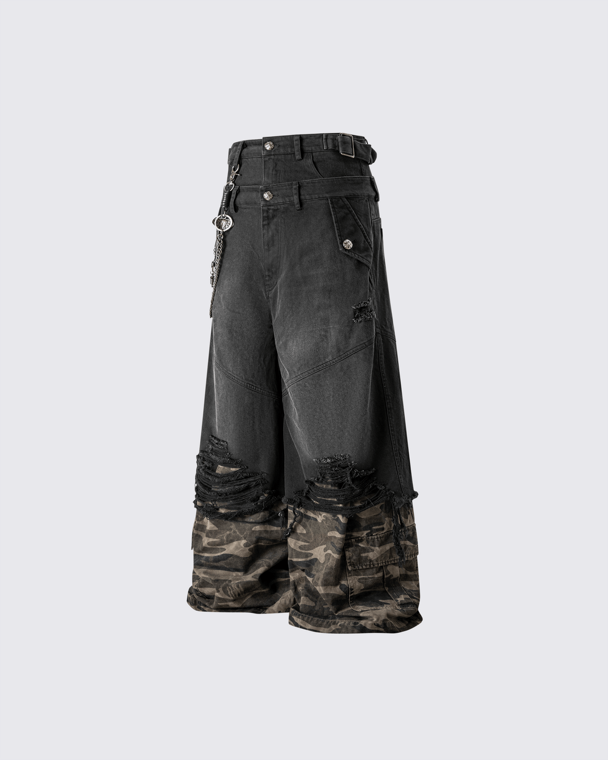 Double-Waist Camo Patchwork Distressed Wide-Leg Pants
